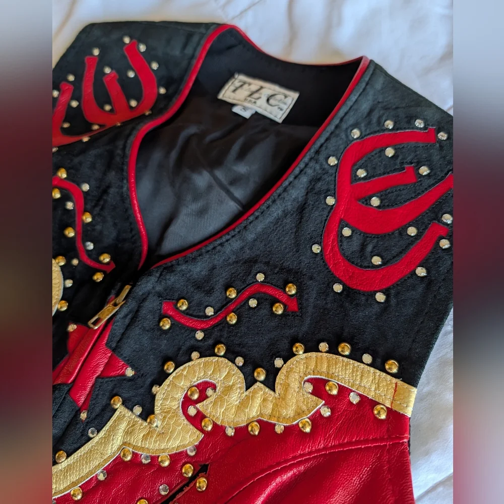 TLC Leather Collection Red Black & Gold Horsemanship Show Studded Rhine Vest - Picture 6 of 10